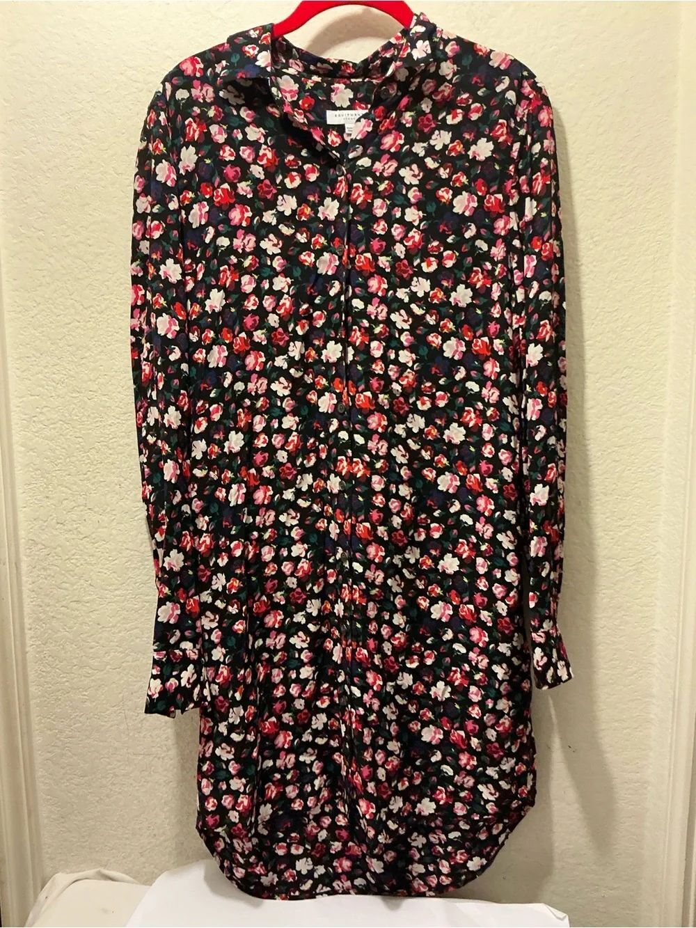 Equipment Floral Print Dress Top - Black with Pink, Red, White and Green Flowers